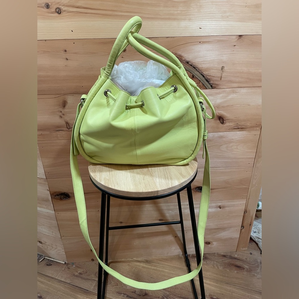 NWOT Vince Camuto Faslo Leather Bucket Satchel in Celery with Drawstring Closure - Picture 4 of 16